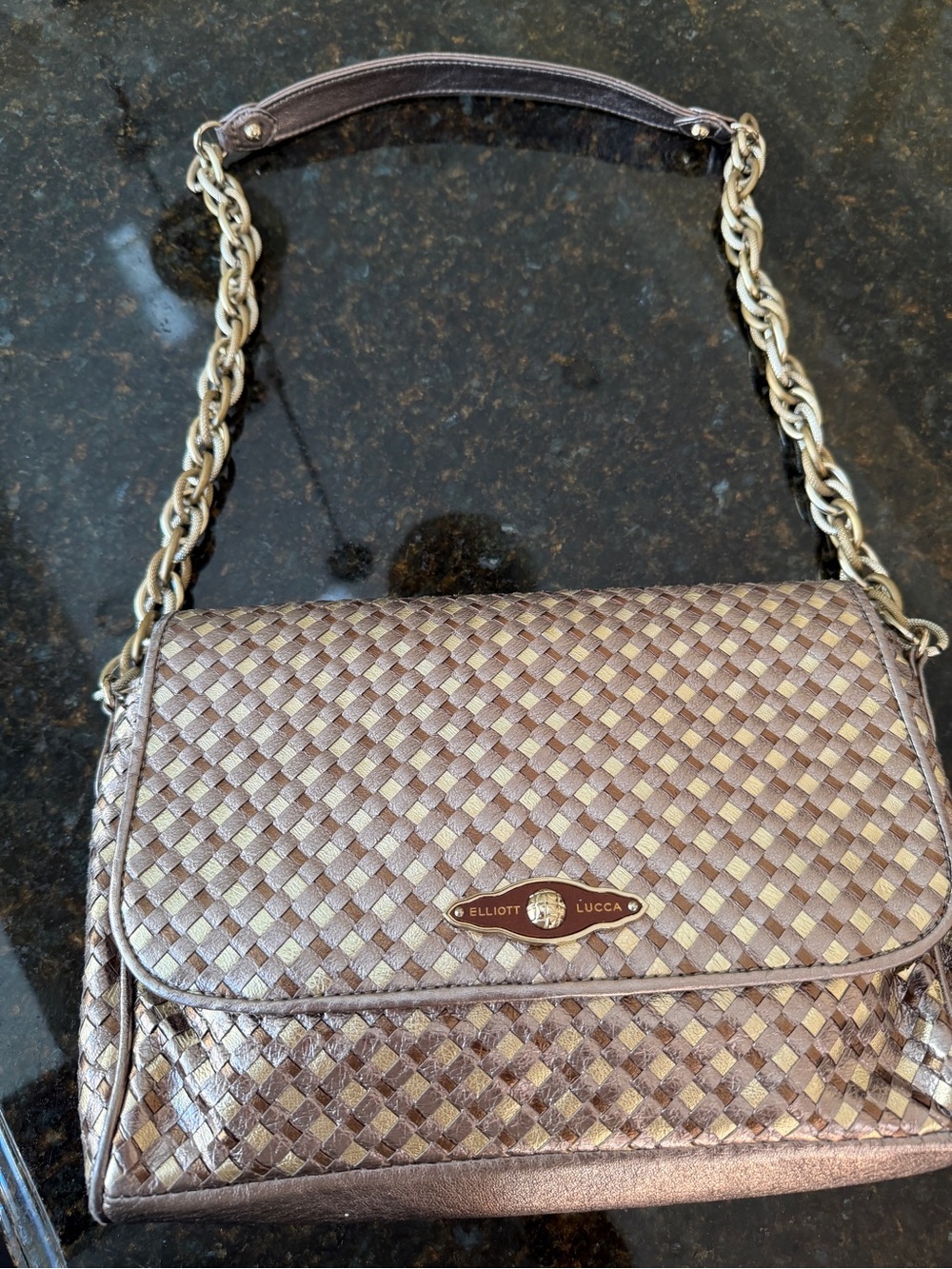 Elliott Lucca Bronze Metallic Woven Shoulder Bag with Gold Plaque